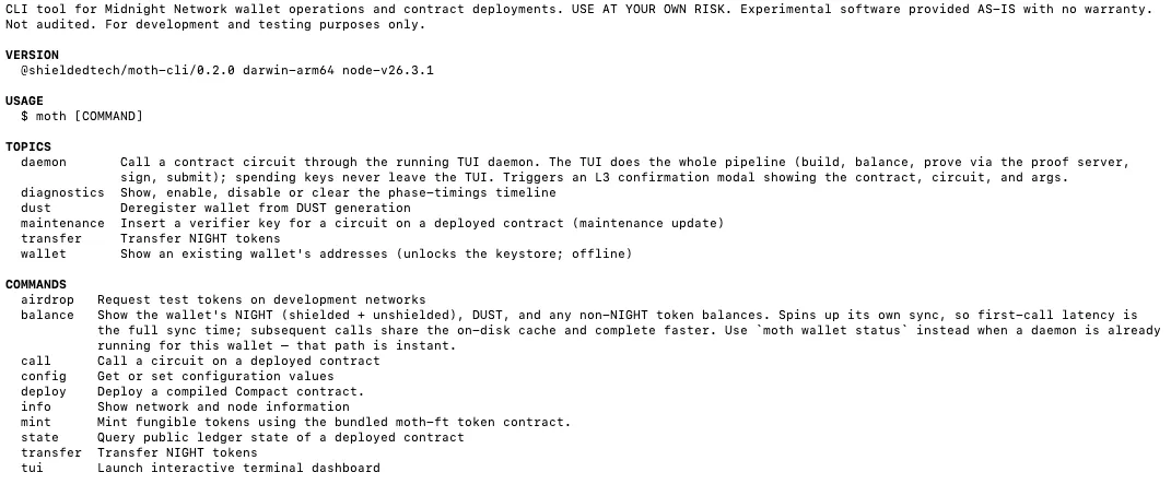 moth --help output listing the CLI topics — daemon, diagnostics, dust, maintenance, transfer, wallet — and commands including airdrop, balance, call, config, deploy, info, mint, state and tui