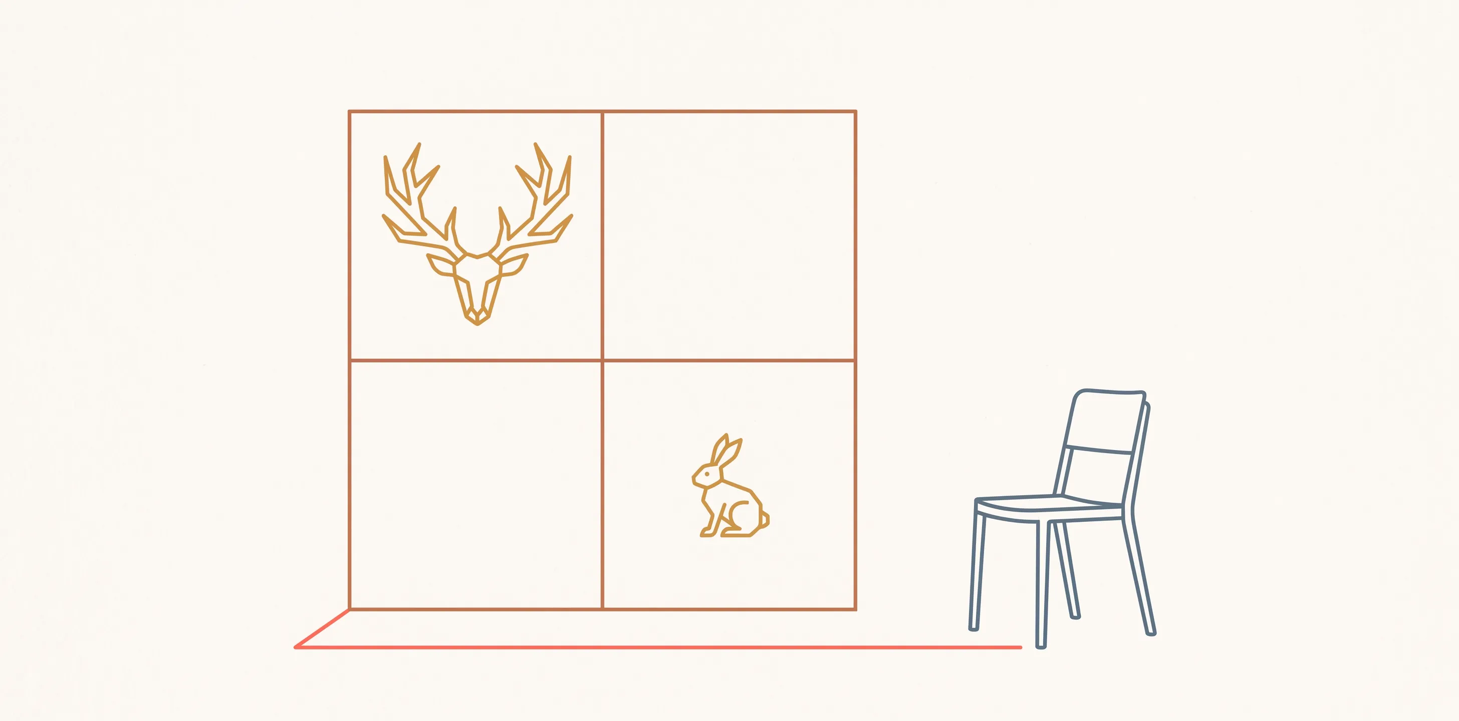 A two-by-two payoff grid holding a stag in one cell and a hare in another, with an empty chair standing outside the grid entirely, connected to it by a single line along the floor