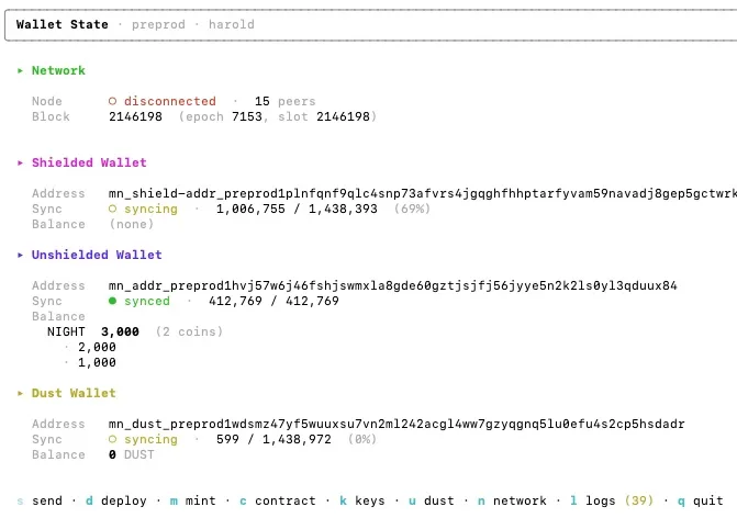 The Moth terminal dashboard: the shielded, unshielded and DUST wallets listed separately, each with its own address, sync progress and per-coin balance